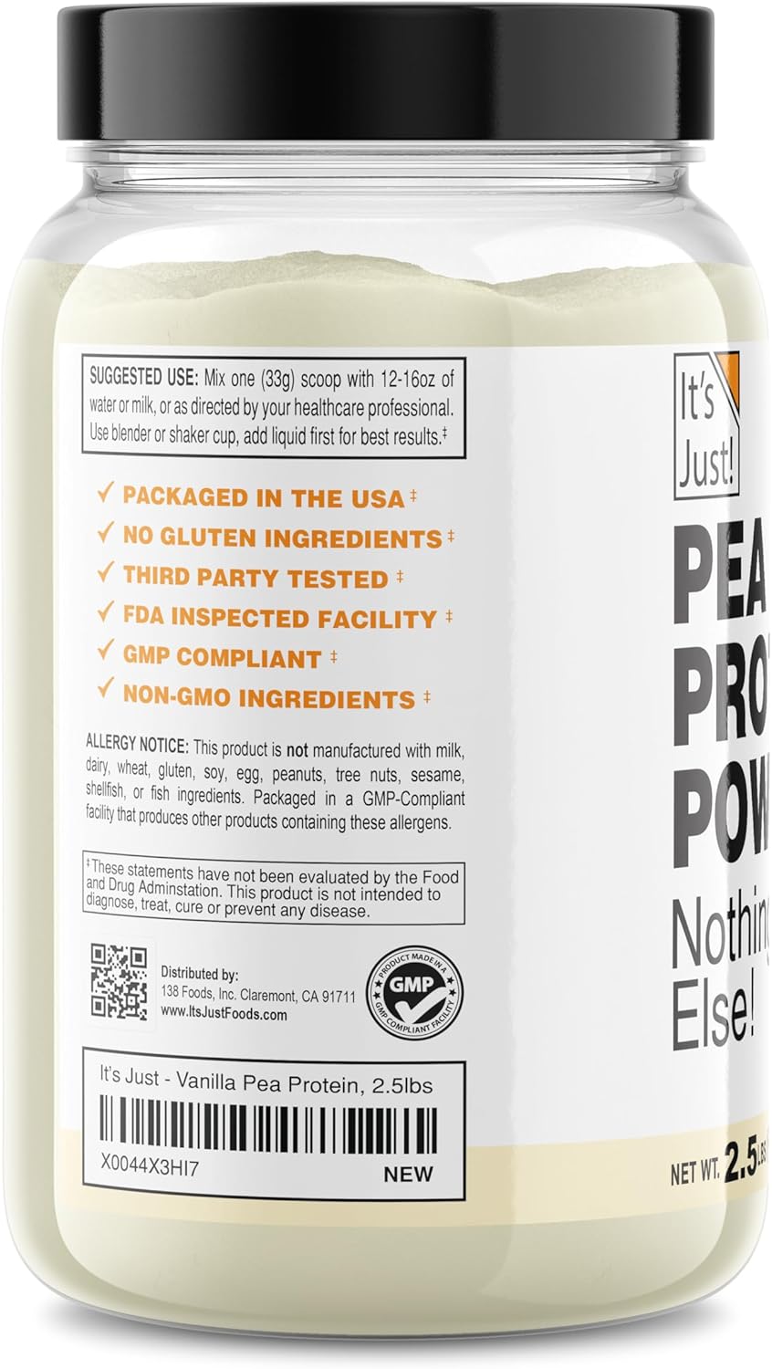 It's Just! Pea Protein Isolate, Plant Based, Premium Quality, Gluten Free, Vegan, Keto Friendly, Product of Canada, Packaged in USA (2.5 Pound, Vanilla)