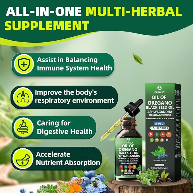 Oil of Oregano with Black Seed Oil | 8 in 1 Organic Oregano Oil Drops with Ashwagandha, Moringa & Turmeric | Natural Herbal Supplements for Immune Support & Stress Relief | Vegan Friendly, 2 Fl Oz