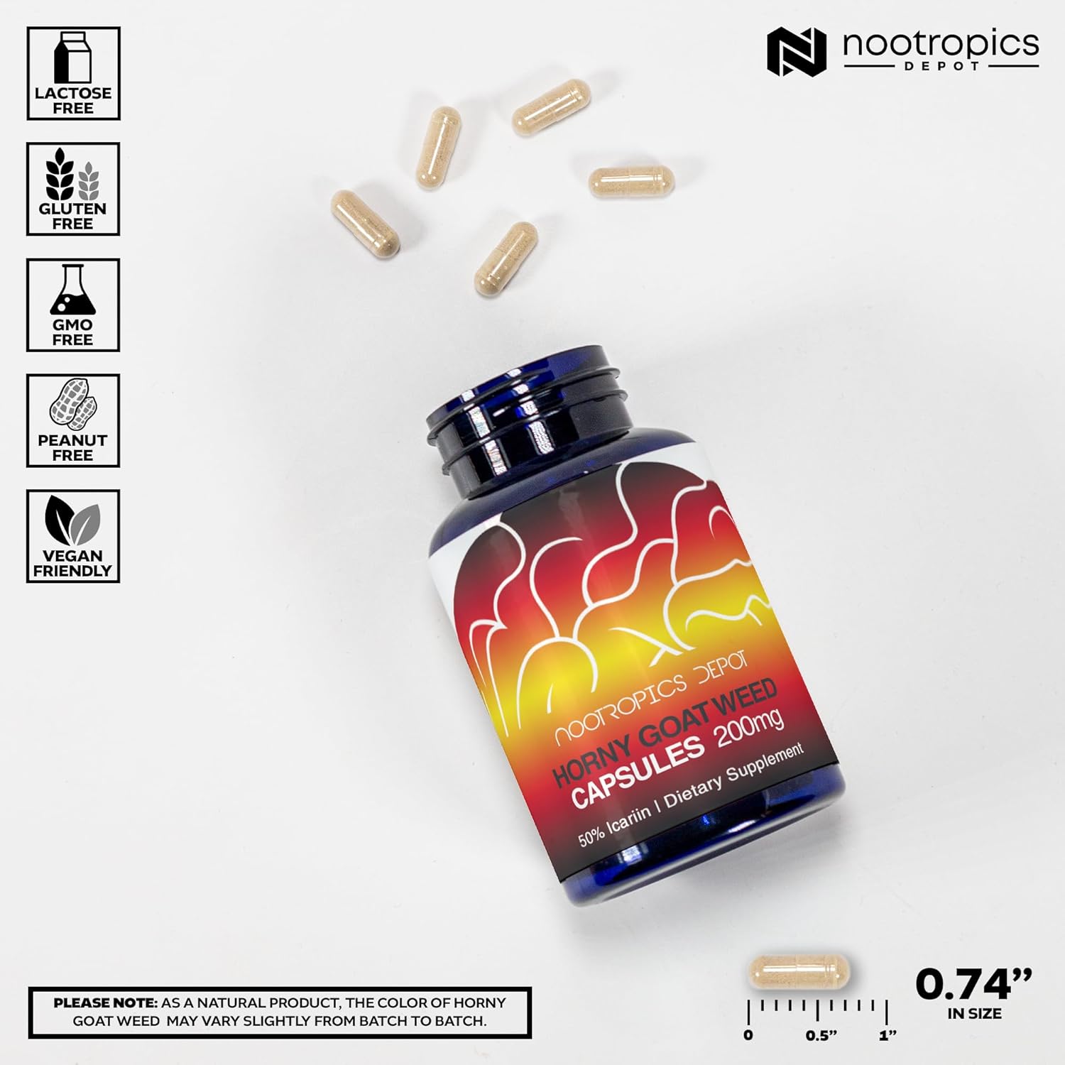 Nootropics Depot Horny Goat Weed Capsules | 200mg | 30 Count | Minimum 50% Icariin | Epimedium brevicornum
