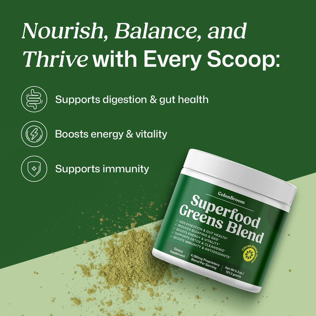 ColonBroom Superfood Greens Powder Supplement | Super Greens Juice Powder with Probiotics, Prebiotics, Spirulina & Chlorella | Natural for Energy, Immunity, Digestion & Detox Support | 28 Servings