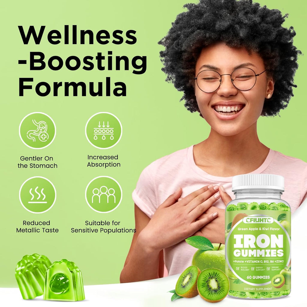 Center-Filled Iron Gummies for Adults & Kids - Iron Supplement with Vitamin B6, B12, C, Zinc, Folate - Support Women Iron Deficiency, Anemia, Blood Builder - Sugar Free Vegan 60ct Apple & Kiwi Flavor