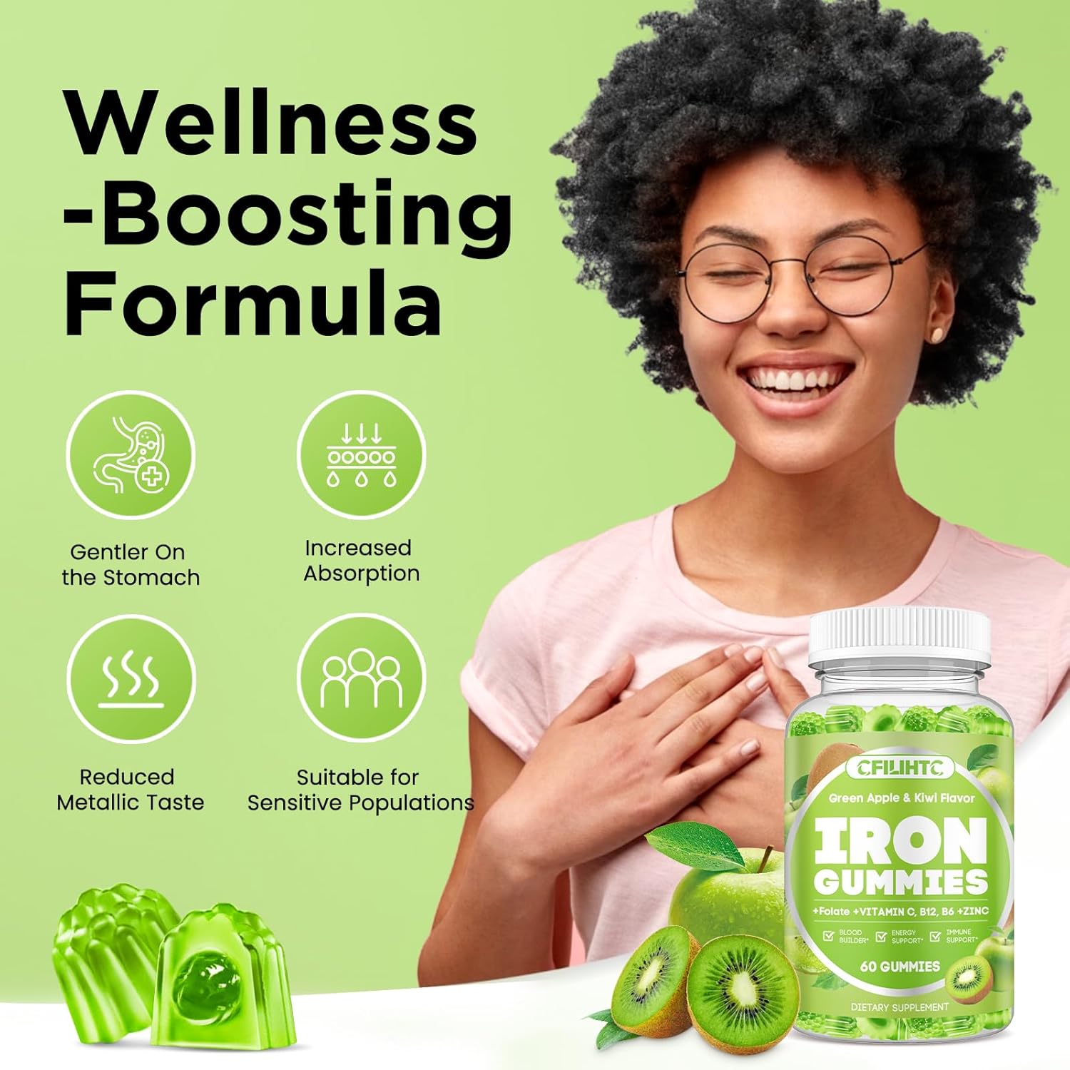 Center-Filled Iron Gummies for Adults & Kids - Iron Supplement with Vitamin B6, B12, C, Zinc, Folate - Support Women Iron Deficiency, Anemia, Blood Builder - Sugar Free Vegan 60ct Apple & Kiwi Flavor