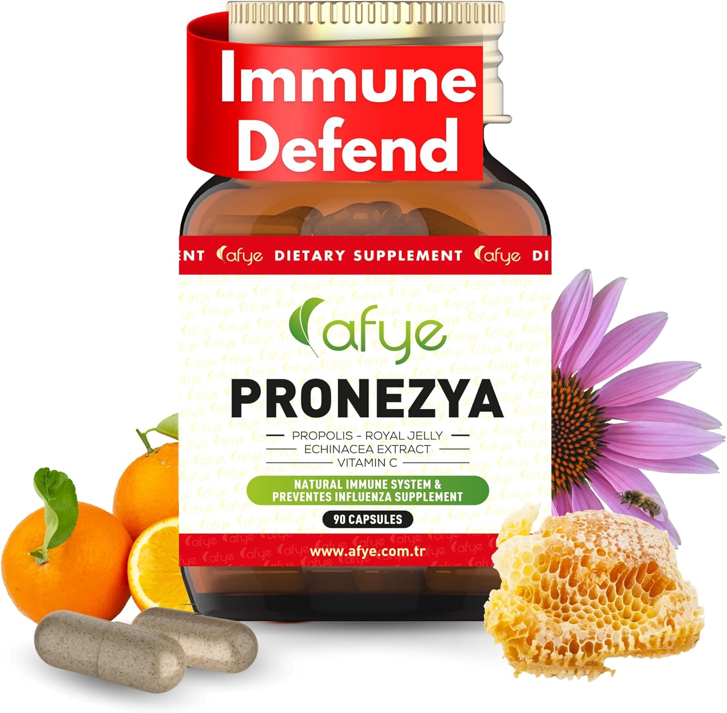 Immune System Support Supplement - Natural Blend of Propolis, Royal Jelly, Echinacea & Vitamin C - Enhances Health Plant-Based 90 Capsules (Pack of 1)