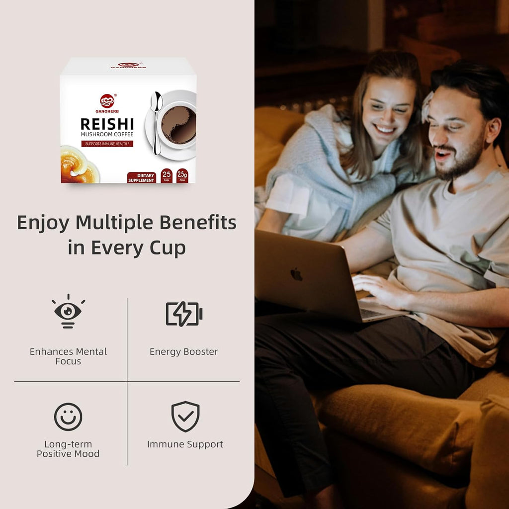 GANOHERB Reishi Mushroom Coffee Mix, Organic Instant Ganoderma Cafe with 100% Natural Ganoderma Lucidum Lingzhi Black Coffee for Stress Relief Better Focus Immune Support, Mix Flavor No Sugar 25 Bag
