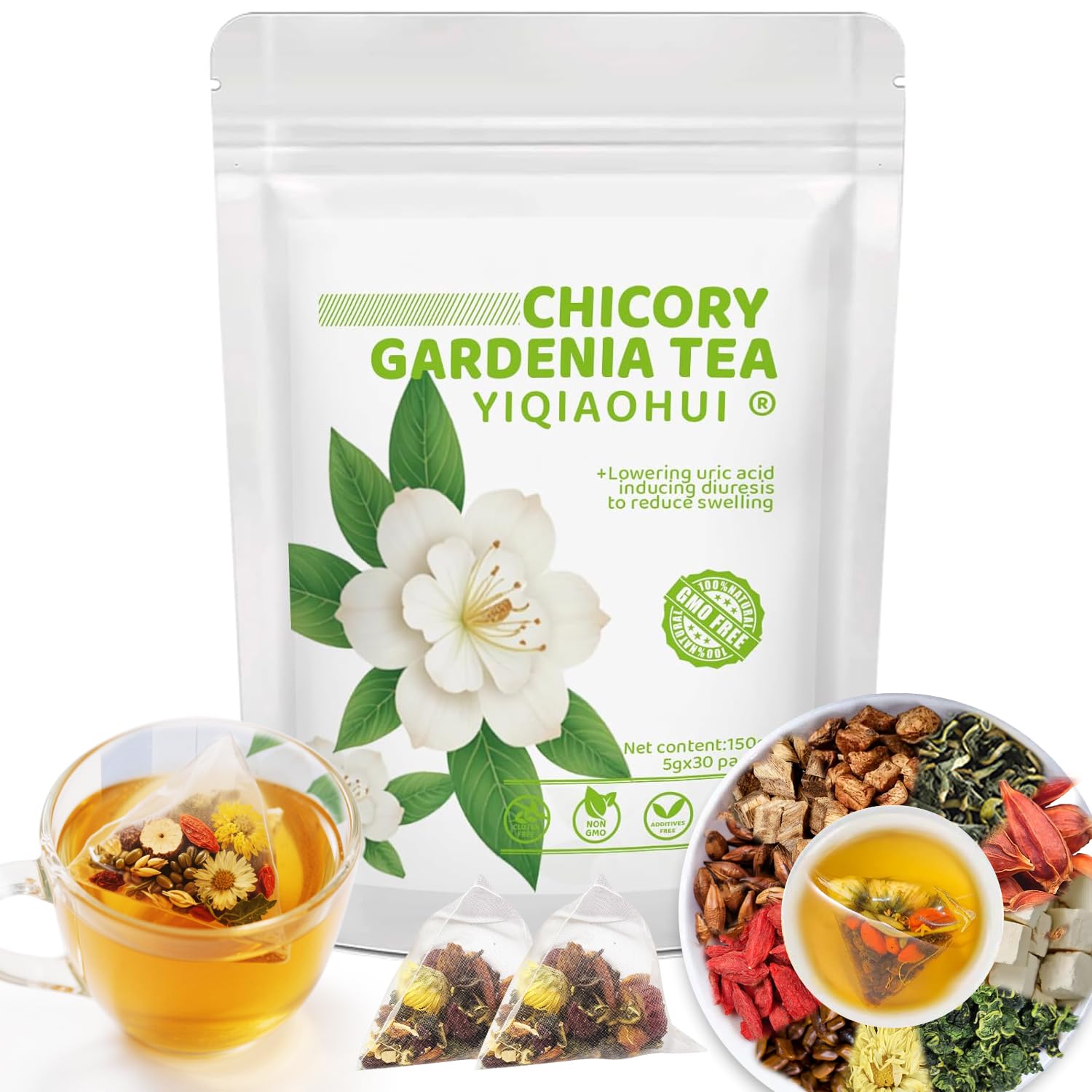 Organic Chicory Gardenia Tea for Blood Sugar Support & Healthy Digestion | 30 Bags of Herbal Tea| 10-Ingredient Blend with Chicory, Gardenia, Dandelion, Goji & Chrysanthemum | Supports Liver & Eye Health | Sugar Free, Caffeine Free, Vegan