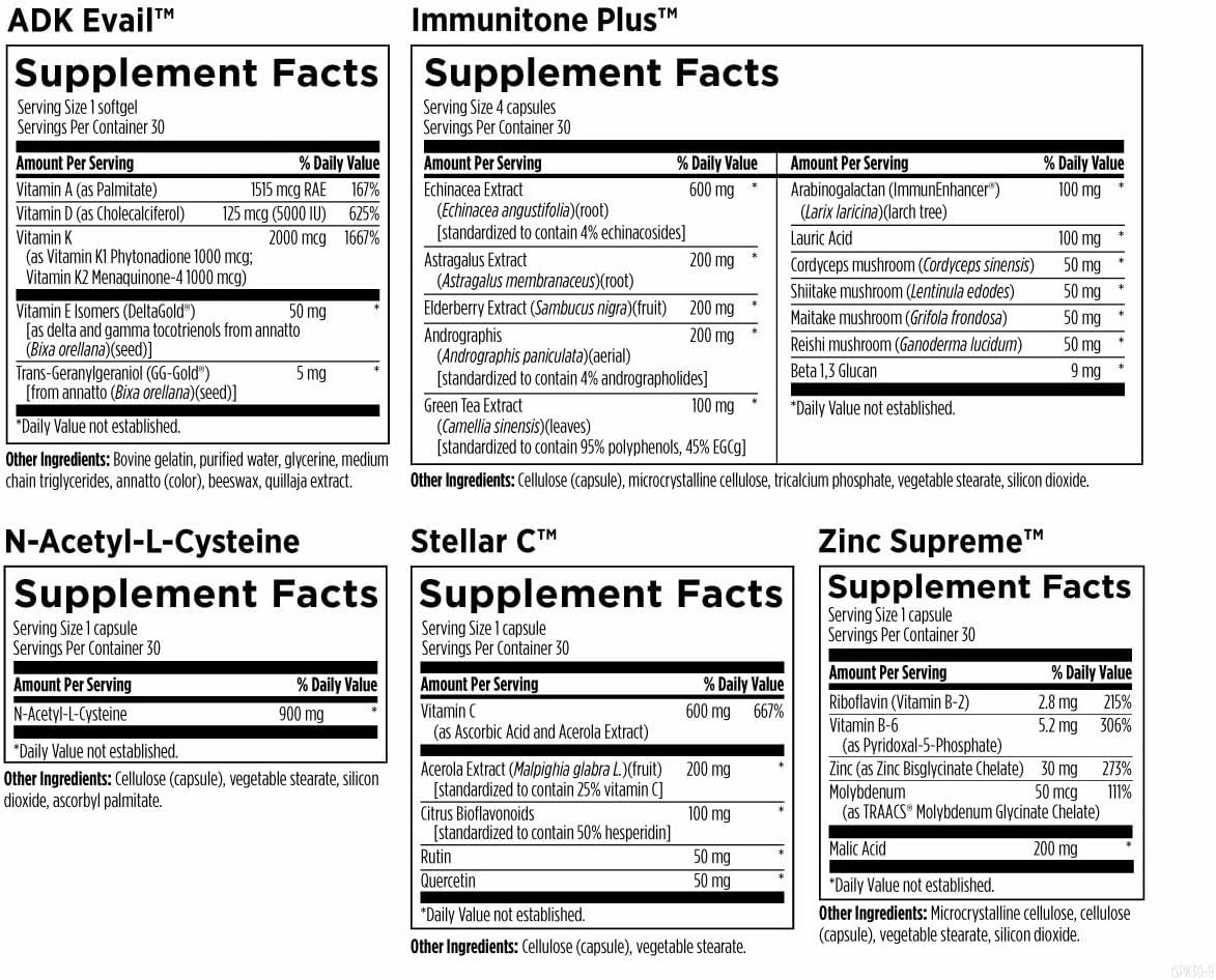Designs for Health Immune Support Packets - One Month Supply Vitamin Packs with Immunitone Plus Mushroom Complex + Herbs, NAC, Vitamin D + K, Zinc + Vitamin C (30 Packets)