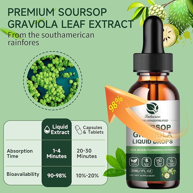 (2 Pack) Soursop Graviola Leaf Extract Liquid Drop Plus Pure Botanical Sea Moss for Cell Support & Regeneration, Immunity and Gut Health, Soursop Bitters Liquid丨Full Texture, Natural Flavor, 1 Fl Oz
