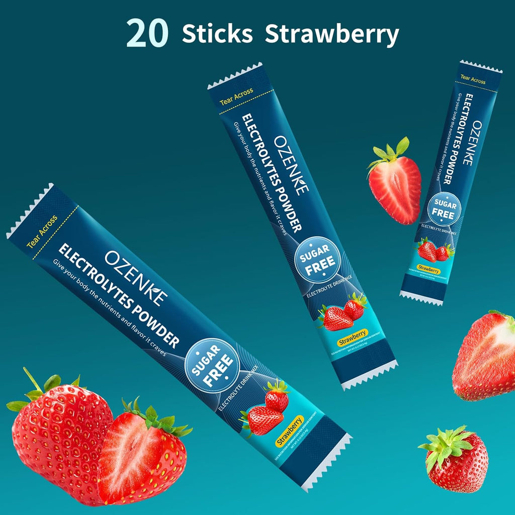 Electrolytes Powder Packets, Hydration Packets, Electrolyte Drink Mixes for Rapid Hydration, 7 Flavors, 0 Sugar, 0 Calorie (20 Servings (Pack of 1), Strawberry)