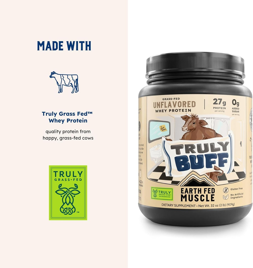 Earth Fed Muscle Truly Buff Truly Grass Fed Whey Protein Isolate - No Artificial Ingredients, Soy Free, Gluten Free, Non-GMO and Hormone Free (2 Pound, 30 Servings, Unflavored)