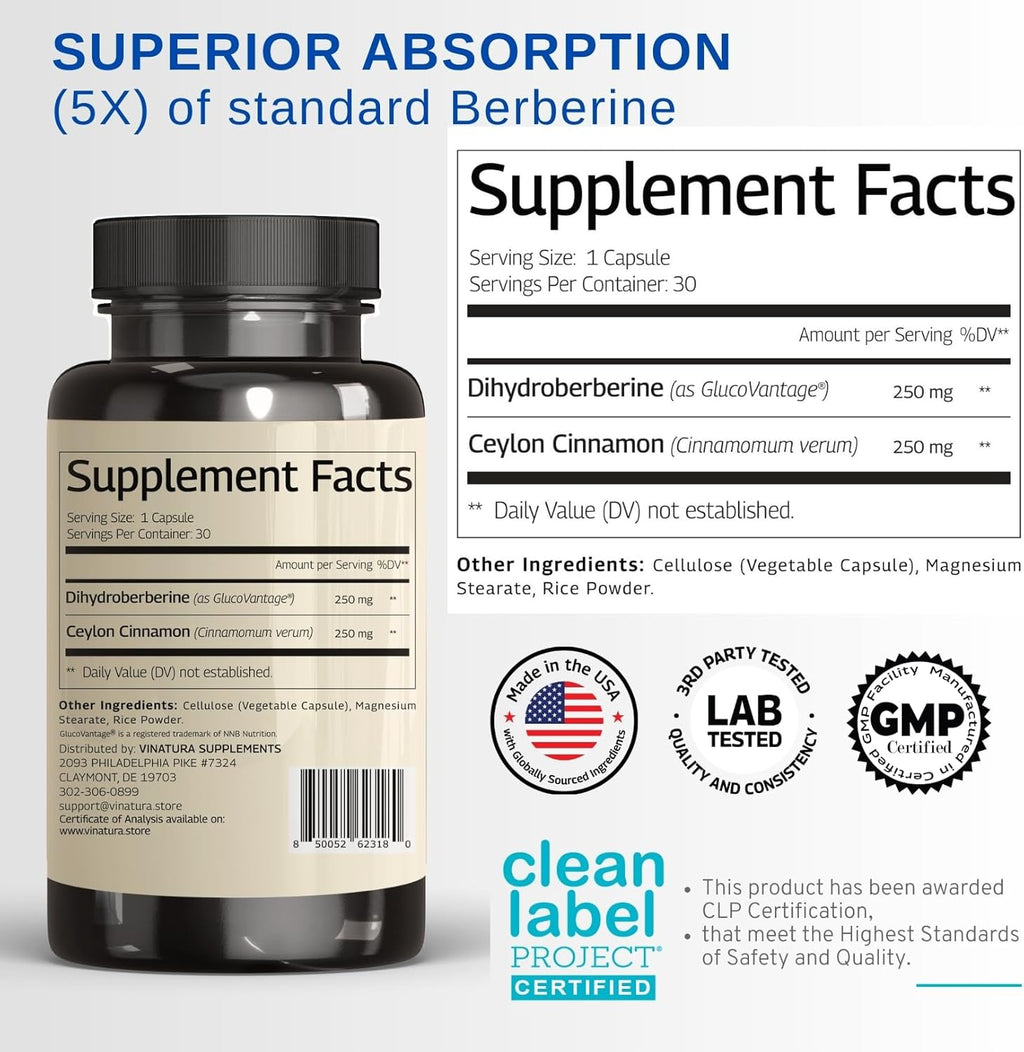 Dihydroberberine Supplement with Ceylon Cinnamon, 500mg - (Patented GlucoVantage Super Berberine), Maybe Berberine 5X More absorbable - 30 Capsules
