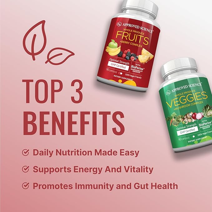 Approved Science Fruits & Veggies - 42 Whole Fruit and Veggie Supplement - Enhanced Health & Vitality - Daily Natural Vitamins, Minerals, Antioxidants - 180 Capsules Each - 2-Month Supply