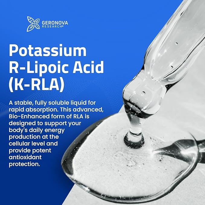 Geronova Research The R-Lipoic Solution, 2 fl oz – Potassium-Stabilized R-Lipoic Acid Liquid for Healthy Aging, Supports Nerve Health, and Cellular Balance – Fast-Absorbing 3-Ingredient RLA Drops