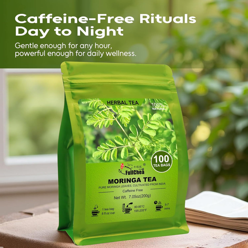 FullChea - Moringa Tea Bags, 100 Count - Pure & Natural Rosabella Moringa Leaves, Cultivated From India - Caffeine-free Herbal Tea for Supporting Digestion & Immune System - Non-GMO