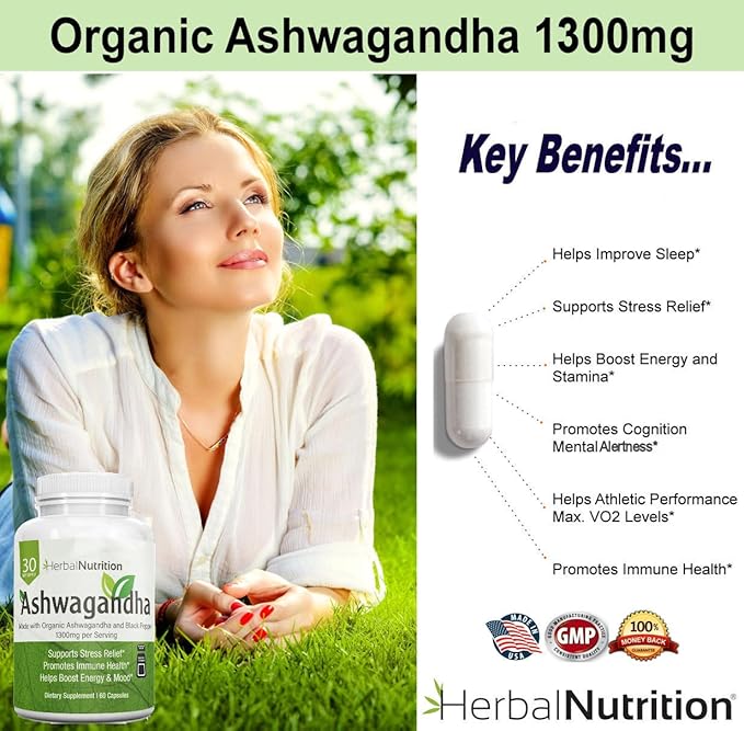 Herbal Nutrition Organic Ashwagandha 120 Vegan Capsules, Withania somnifera Root Powder, Traditional Ayurvedic Herb for Balance, Calm & Daily Wellness, Non-GMO, Plant-Based, Tested for Quality