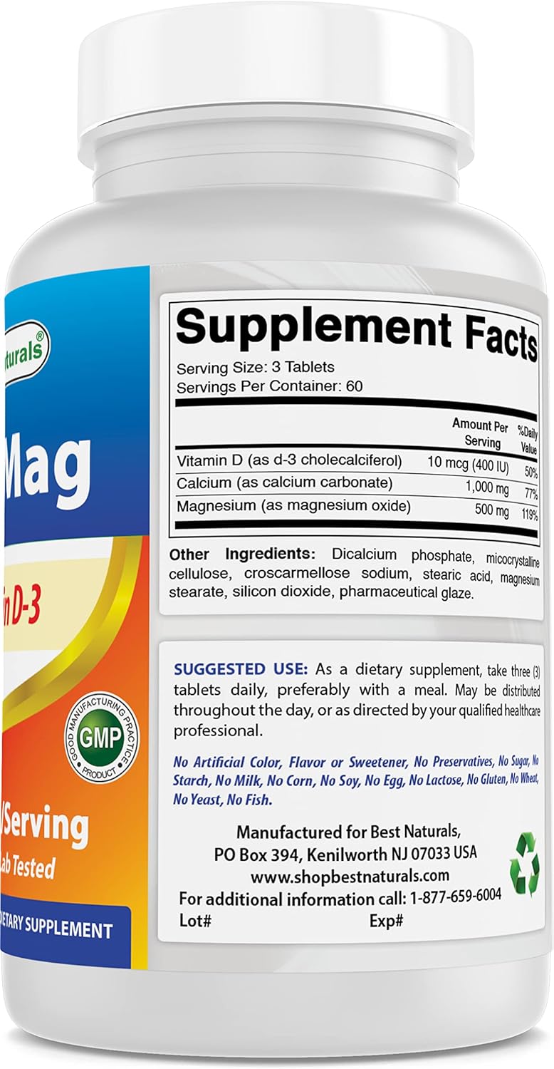 Best Naturals Calcium Magnesium with Vitamin D3 1500mg Serving 180 Tablets (180 Count (Pack of 3))