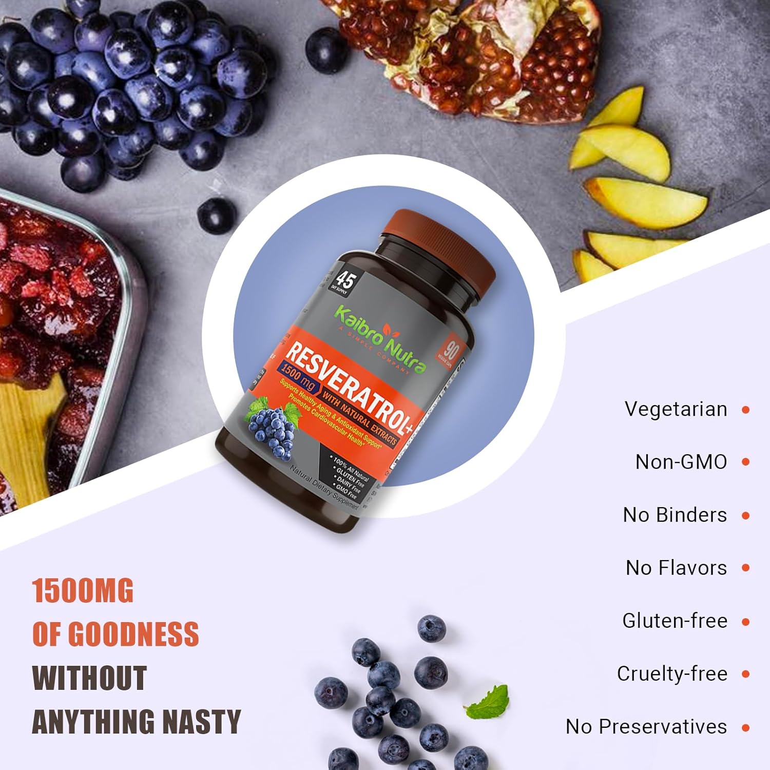 Kaibro Nutra Resveratrol Supplement, 1500mg Extra Strength Trans Resveratrol, Quercetin with Japanese Knotweed Extracts, Anti-Aging, Radiant Skin and Immunity Support, Vegan & Non-GMO, 90 Capsules