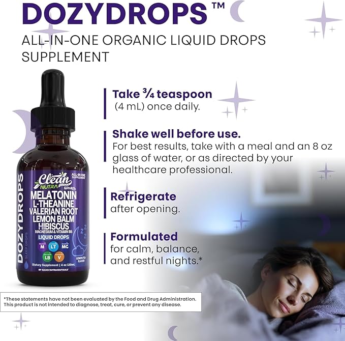 Clean Nutra Melatonin 10mg Drops Magnesium Vitamin B6 L-Theanine Valerian Hibiscus Lemon Balm Supplement Liquid Sugar-Free Vegan Non-GMO Natural Sleep Support Aid Lemon Tea Flavor 120mL Formula