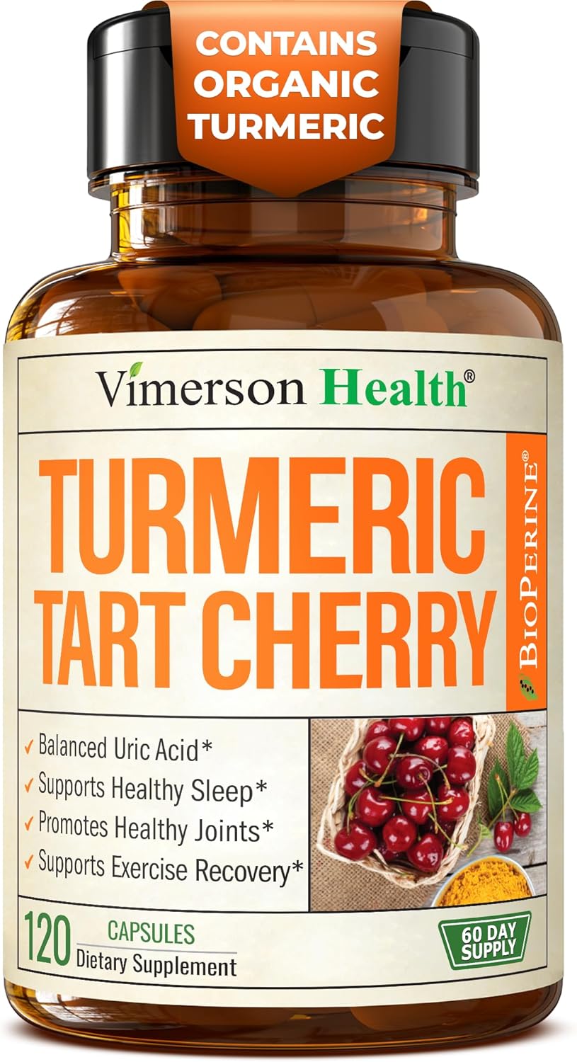 Turmeric Curcumin Supplement with 10:1 Tart Cherry Extract & Celery Seed Extract - Natural Uric Acid Balance, Joint Health & Sleep Aid - Turmeric Curcumin with Black Pepper. 120 Tart Cherry Capsules