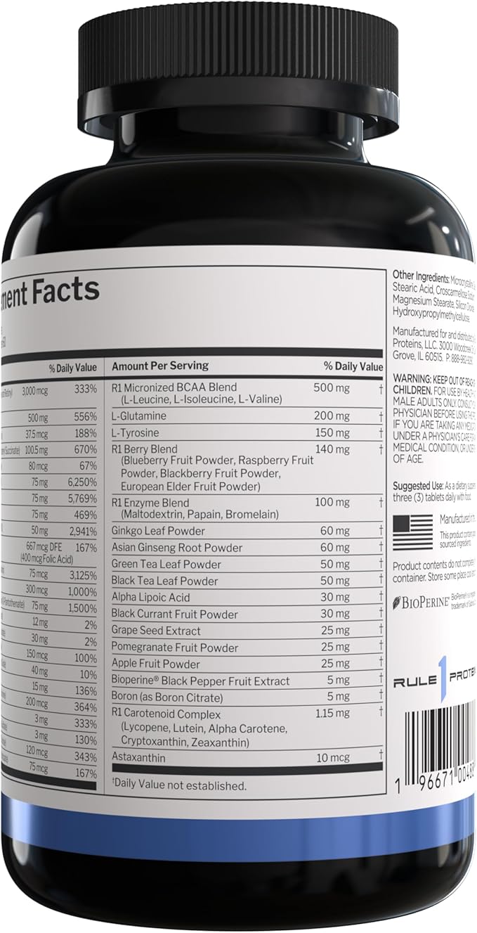 Rule1 Men's Multi - Men's Daily Vitamins, Essential Minerals, Superfoods, Digestive Enzymes, Amino Acids, and Antioxidants for Active Lifestyles and Wellness Support (180 Tablets, 60 Day Supply)