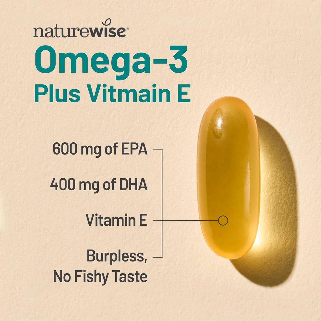NatureWise Extra-Strength Omega 3 Fish Oil Supplement - 1000mg per Serving - 600 EPA & 400 DHA and Vitamin E - Support for Heart & Brain Health - Lemon Flavor, GMO-Free - 360 Softgels[6-Month Supply]
