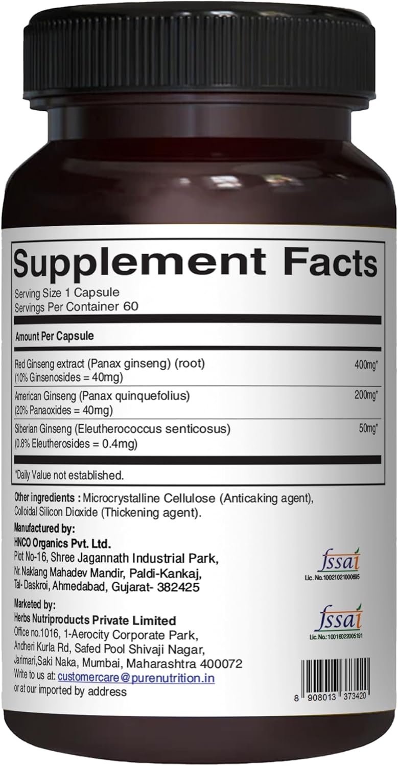 Pure Nutrition Triple Ginseng - an Unique and Effective Combination of Red Ginseng, American Ginseng and Siberian Ginseng. 790mg per Capsule | 60 Veg Caps Pack