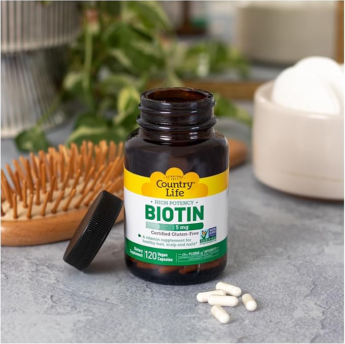 Country Life Biotin High Potency, 5mg, 120 Count, Certified Gluten Free, Certified Vegan, Verified Non GMO