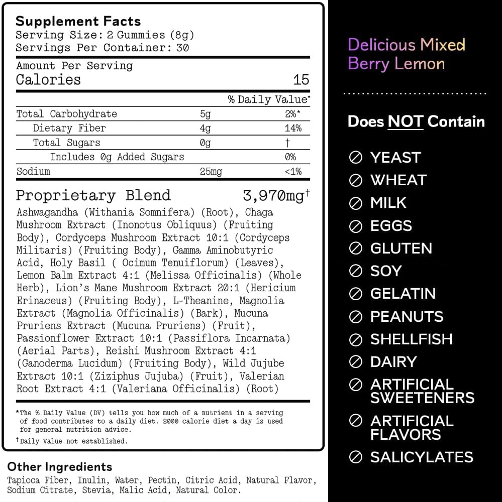 Nighttime Mushroom Adaptogen Gummies – Sugar-Free Vegan Mushroom Gummies For Adults with Reishi, Lion’s Mane, Chaga, Cordyceps, and Adaptogenic Botanicals for Sleep Support – Non-GMO, 60 Count