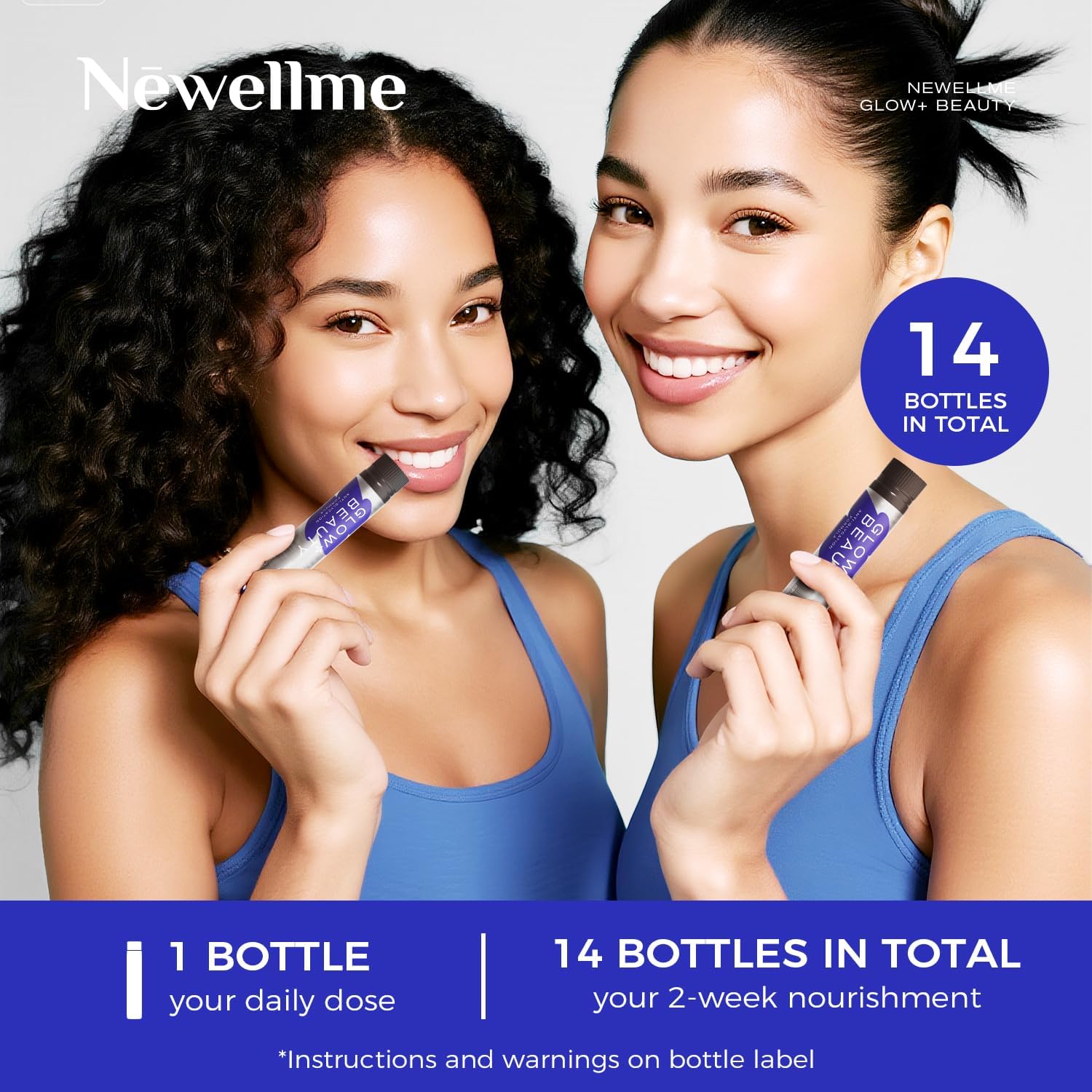NEWELLME Glow+Beauty Collagen Drink – Liquid Beauty Supplement with Hyaluronic Acid & Antioxidant Complex, Supports Skin Hydration, Hair & Nail Strength, 14 Bottles