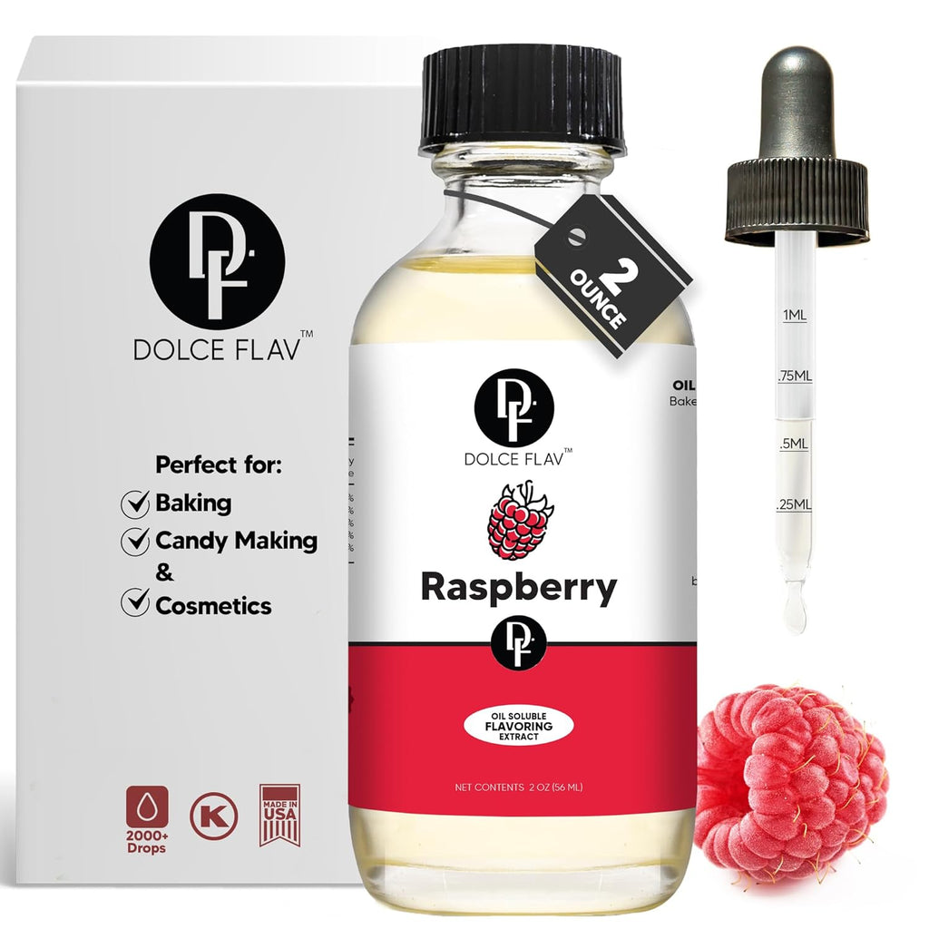 Dolce Flav Raspberry Extract – 2 Ounce Oil-Soluble Kosher, Sugar-Free, Concentrated Raspberry Flavoring for Chocolates, Candies & Baking, Includes Measured Dropper