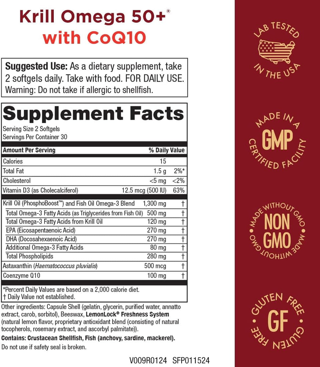 Krill Omega 50 Plus w/ CoQ10 from Purity Products - 1300mg Krill Oil and Fish Oil Blend - 100mg CoQ10 - 500mg Natural Astaxanthin - Support for Joint, Brain Health and more - 60 Mini Softgels
