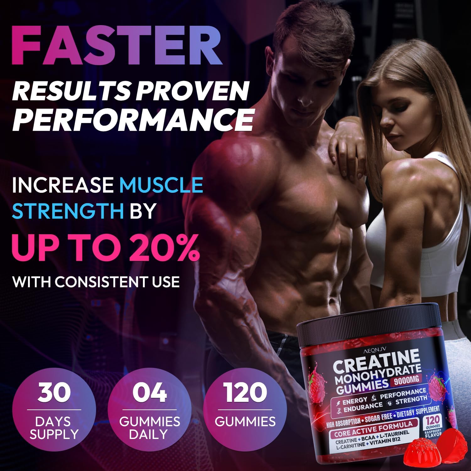 Creatine Gummies Monohydrate Complex 9000MG, Pre-Workout for Men & Women, Creatine Gummy with L-Taurine, BCAA 2:1, B12/6 for Muscle Support, Enhance Strength, Energy Boost-120 Count