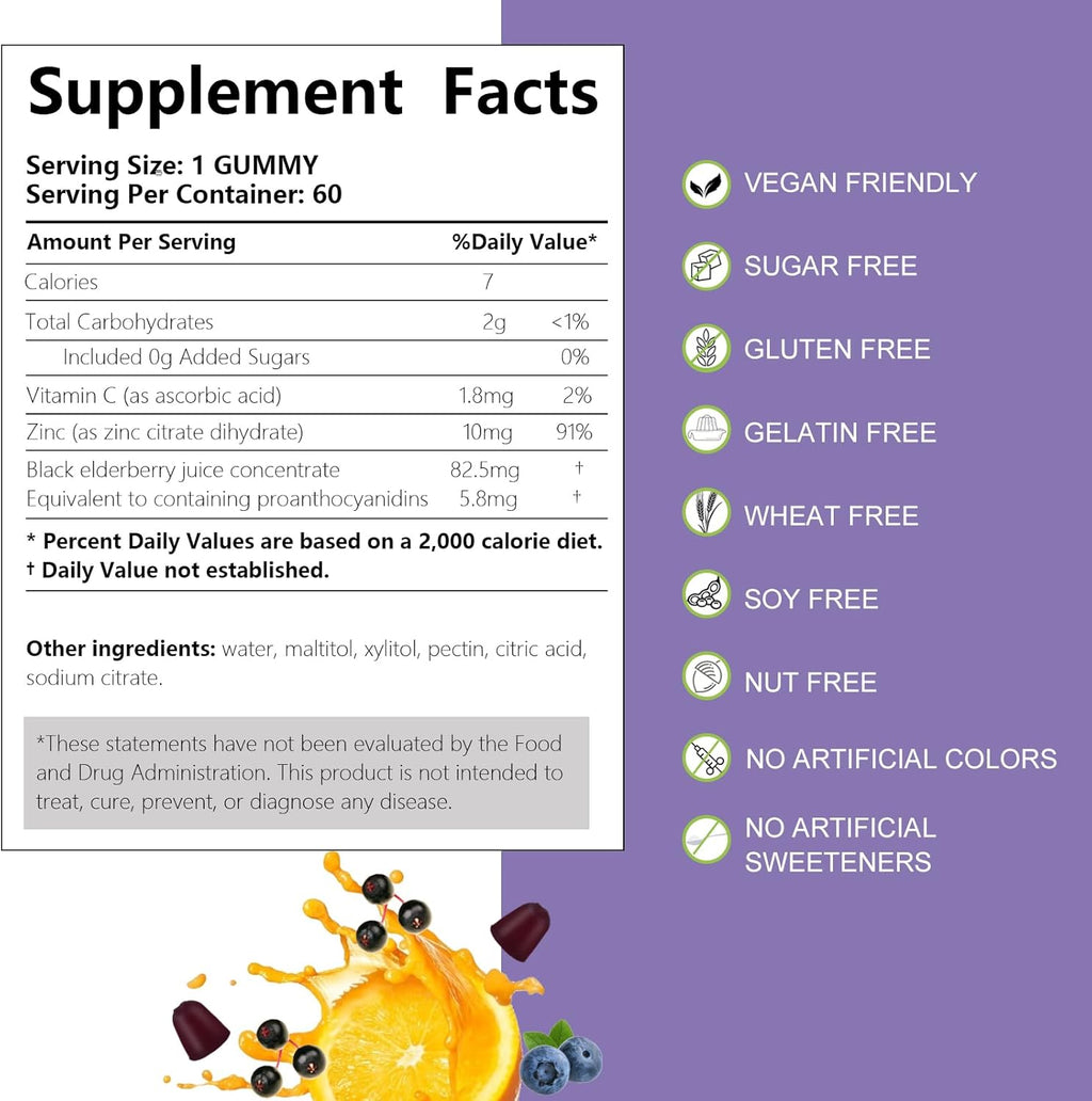 Sambucus Elderberry Gummies, Black Elderberry Gummy with Zinc and Vitamin C for Adults, Sugar Free Kids Multivitamin Gummies Immune Support* Supplement (2 Pack)