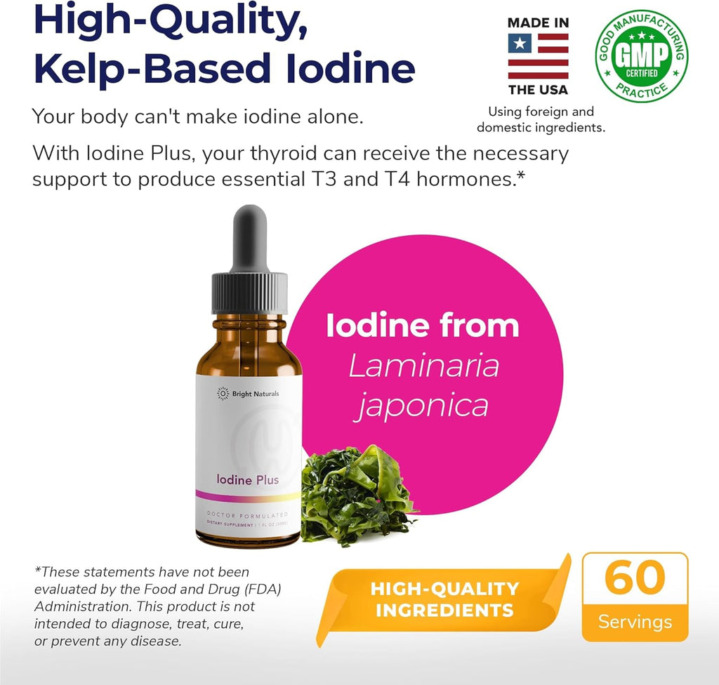 Iodine Plus - Kelp-Based Liquid Supplement Supports Thyroid - Boosts Energy, Improves Sleep, and Enhances Mental Clarity, 60 0.04% Servings