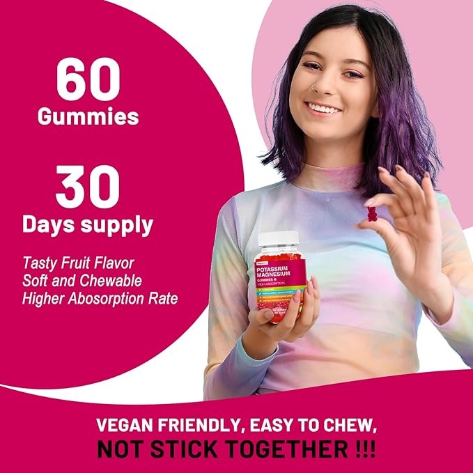 Potassium Magnesium Gummies - High Absorption Magnesium Glycinate & Potassium Citrate Plus Coenzyme Q10, DHA, D3, Mineral & Calcium for Zzz, Leg Cramps & Muscle - 60 Raspberry Gummies