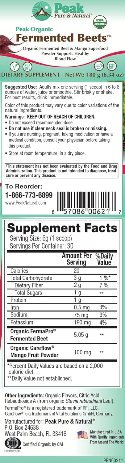 Peak Pure & Natural Peak Organic Fermented Beets - Organic Fermented Beet Powder Superfood Drink Powder - Nitric Oxide Supplement Support for Normal Blood Pressure