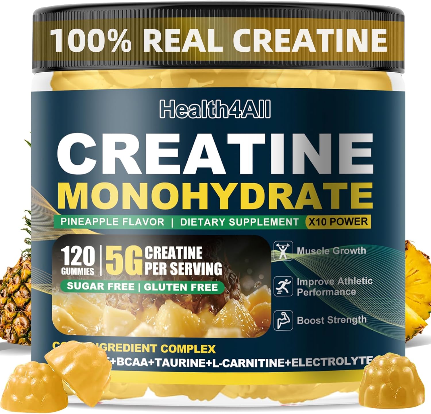 Health4All Creatine Monohydrate Gummies 5G for Men & Women, Preworkout Supplement for Energy & Muscle Growth Support with Electrolyte, BCAA, L-Carnitine & Taurine- Pineapple 120 Gummy