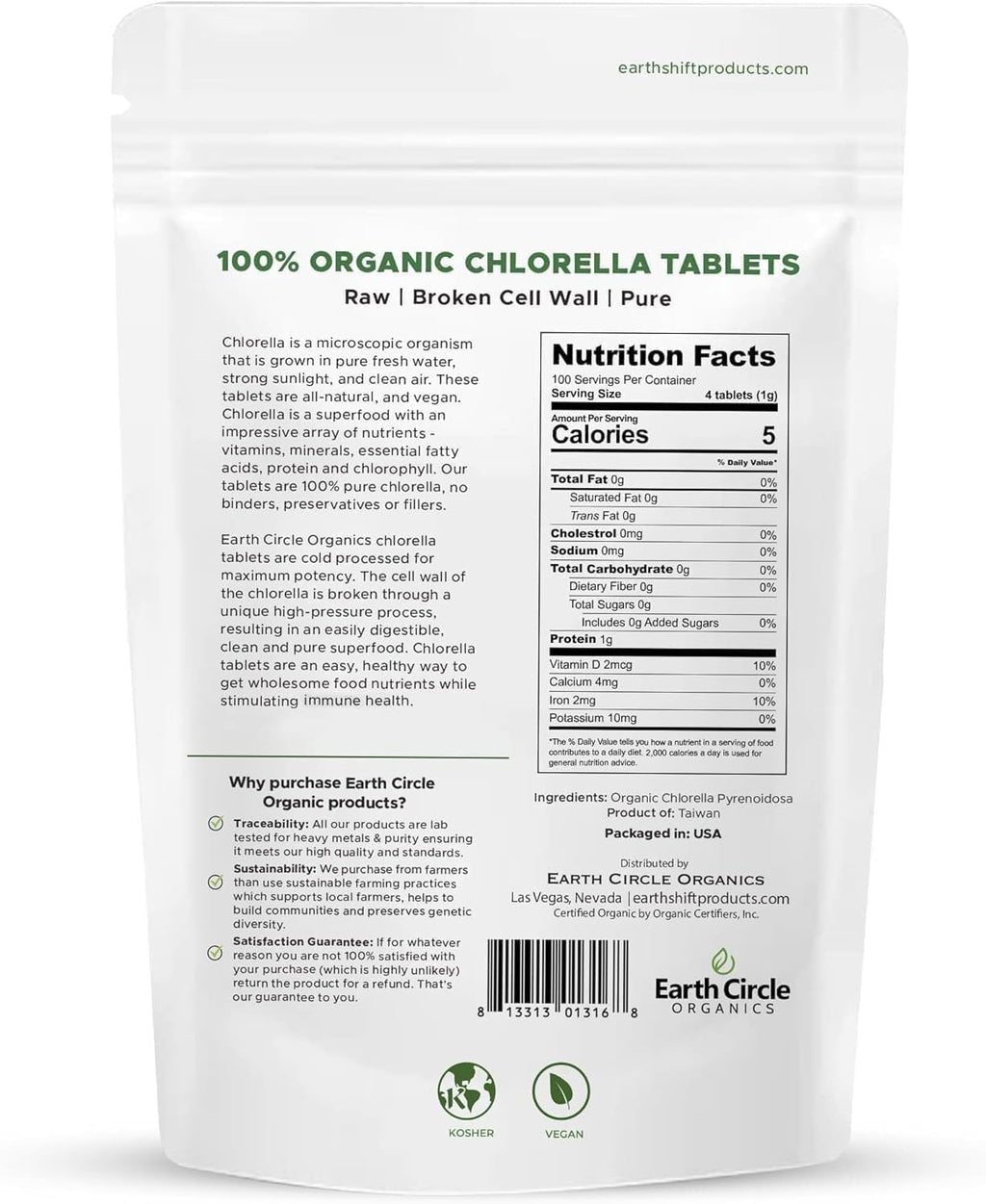 Organic Chlorella Tablets 400 Count | High Potency Superfood | Chlorophyll Pills from 100% Pure Green Algae | Broken Cell Wall for Maximum Absorption | Vegan, Kosher, Non-GMO | 4 Tabs per Day (2-Pack)