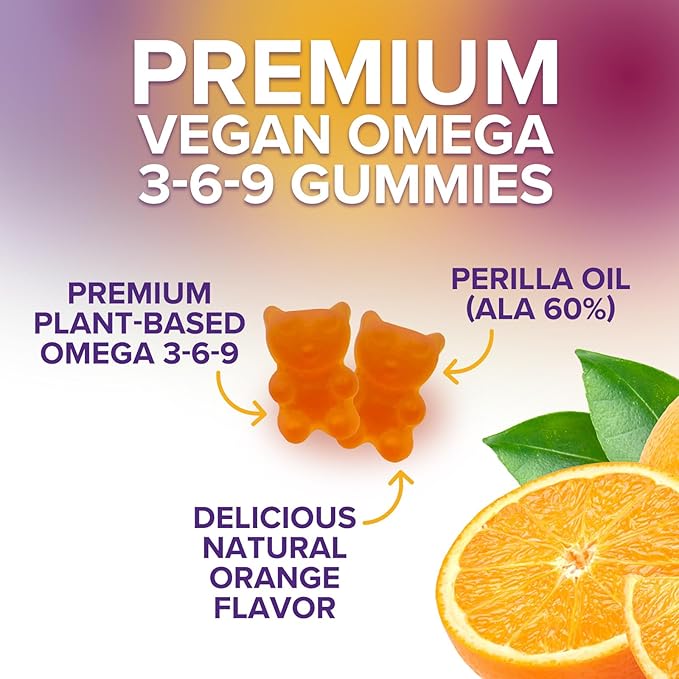 Omega 3 6 9 Gummies - Vegan Omega 3 Supplement Gummy - Essential Fatty Acids Oil 369 Complex Heart Support & Brain Support for Women, Men & Pregnancy, Fish Free Non-GMO, Orange Flavored - 60 Gummies