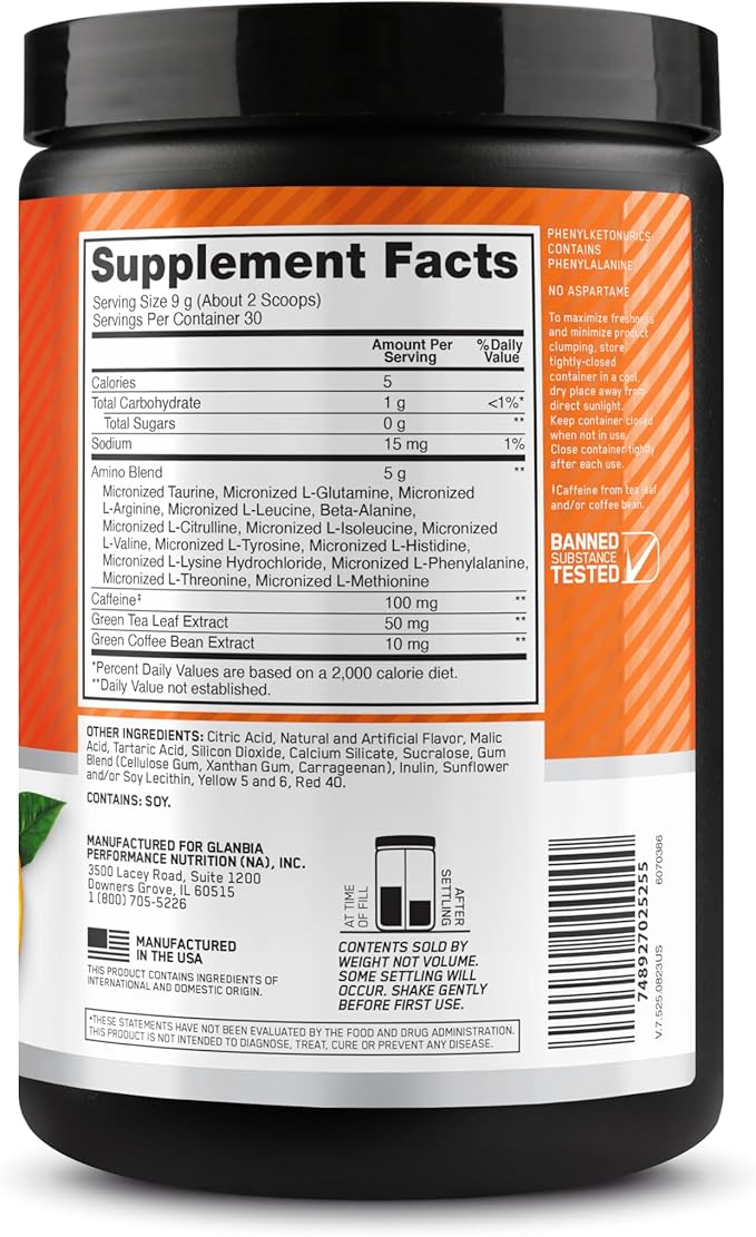 Optimum Nutrition Amino Energy Powder – Energy & Focus Pre Workout with Amino Acids, BCAA, Green Tea Caffeine & Coffee, Muscle Recovery Support – Orange Cooler, 30 Servings (Packaging May Vary)