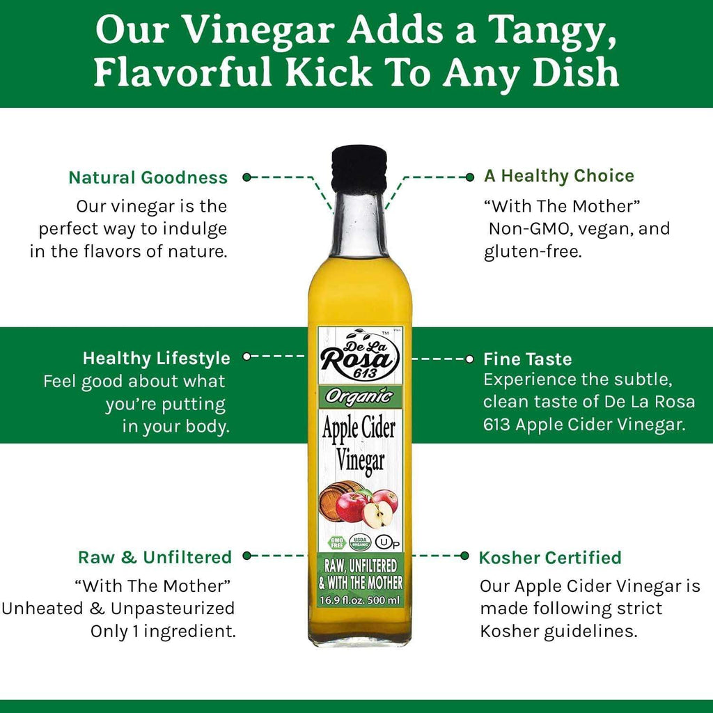 De La Rosa Organic Apple Cider Vinegar, Raw & Unfiltered with The Mother, Kosher for Passover, Vegan & Gluten-Free, Perfect for Salad Dressings & Marinades, 16.9 oz (Single Bottle)
