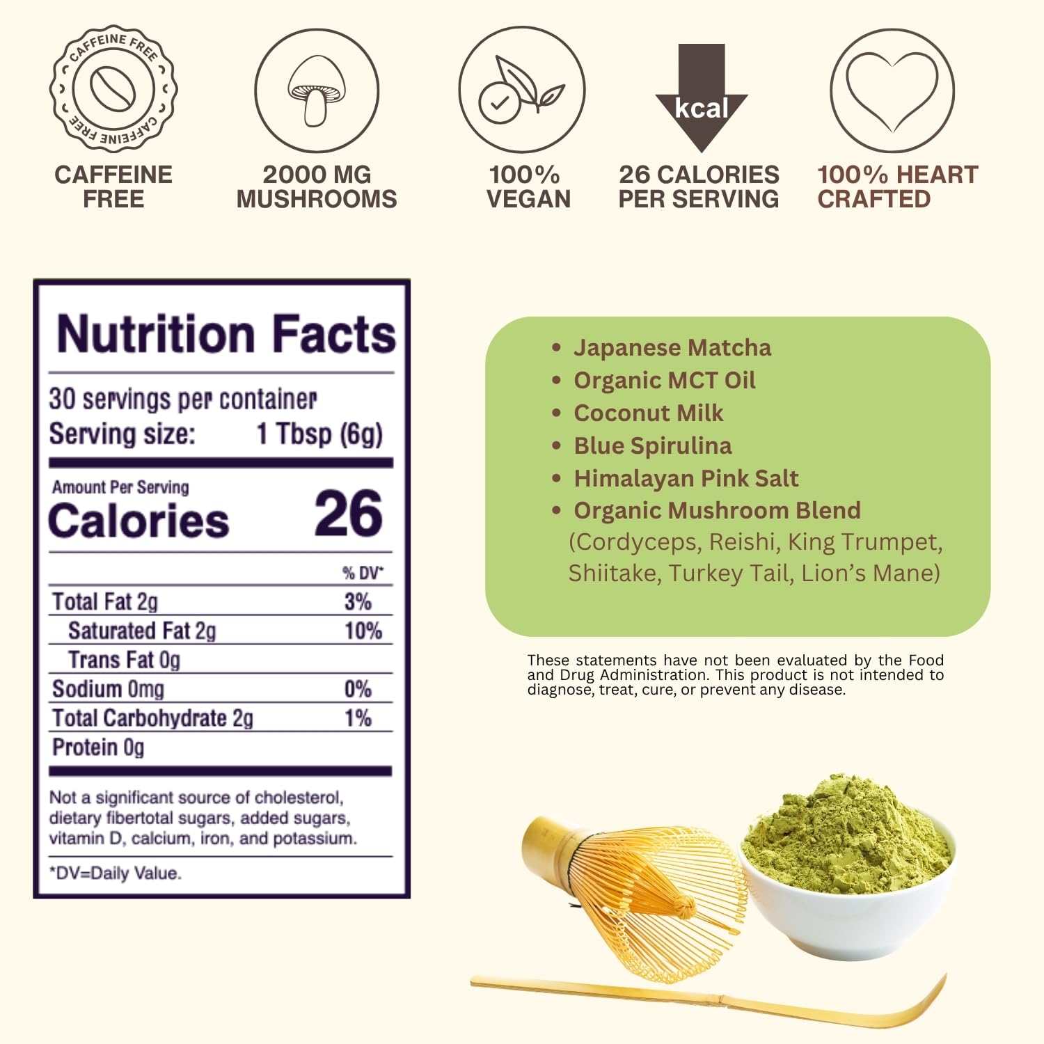 SAYUU Mushroom Matcha Coffee Powder – Instant coffee Blend with Functional Mushrooms for Calm Focus, Stamina, and Immune Support - 30 Servings