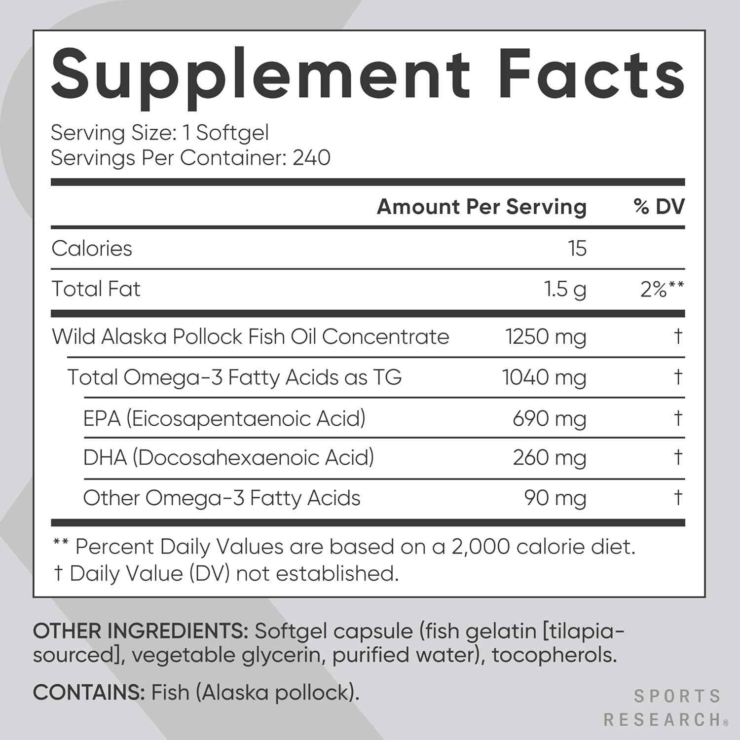 Sports Research Triple Strength Omega 3 Fish Oil - Burpless Fish Oil Supplement w/EPA & DHA Fatty Acids from Wild Alaskan Pollock - Heart, Brain & Immune Support for Men & Women - 1250 mg, 240 ct