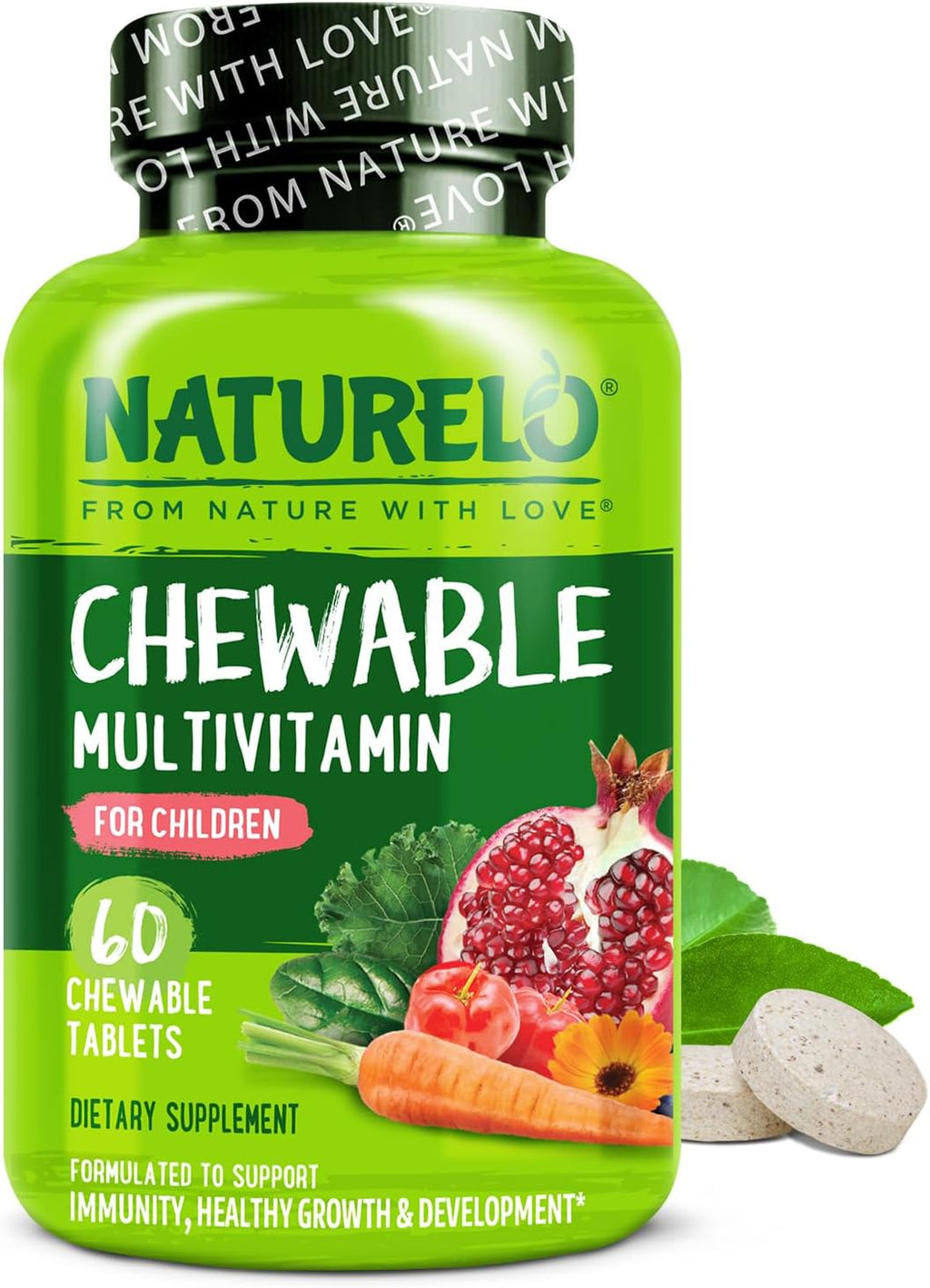 NATURELO Chewable Vitamin for Kids – Multivitamin with Whole Food Organic Fruit Blend - 60 Tablets for Children