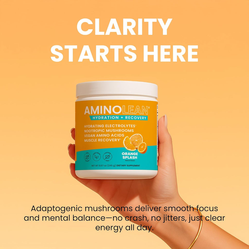 AminoLean Hydrating Electrolyte Powder and Recovery Drink with Sea Minerals, Nootropic Mushrooms, and Vegan Amino Acids, BCAAs + EAAs for Post Workout Muscle Building, Orange Splash