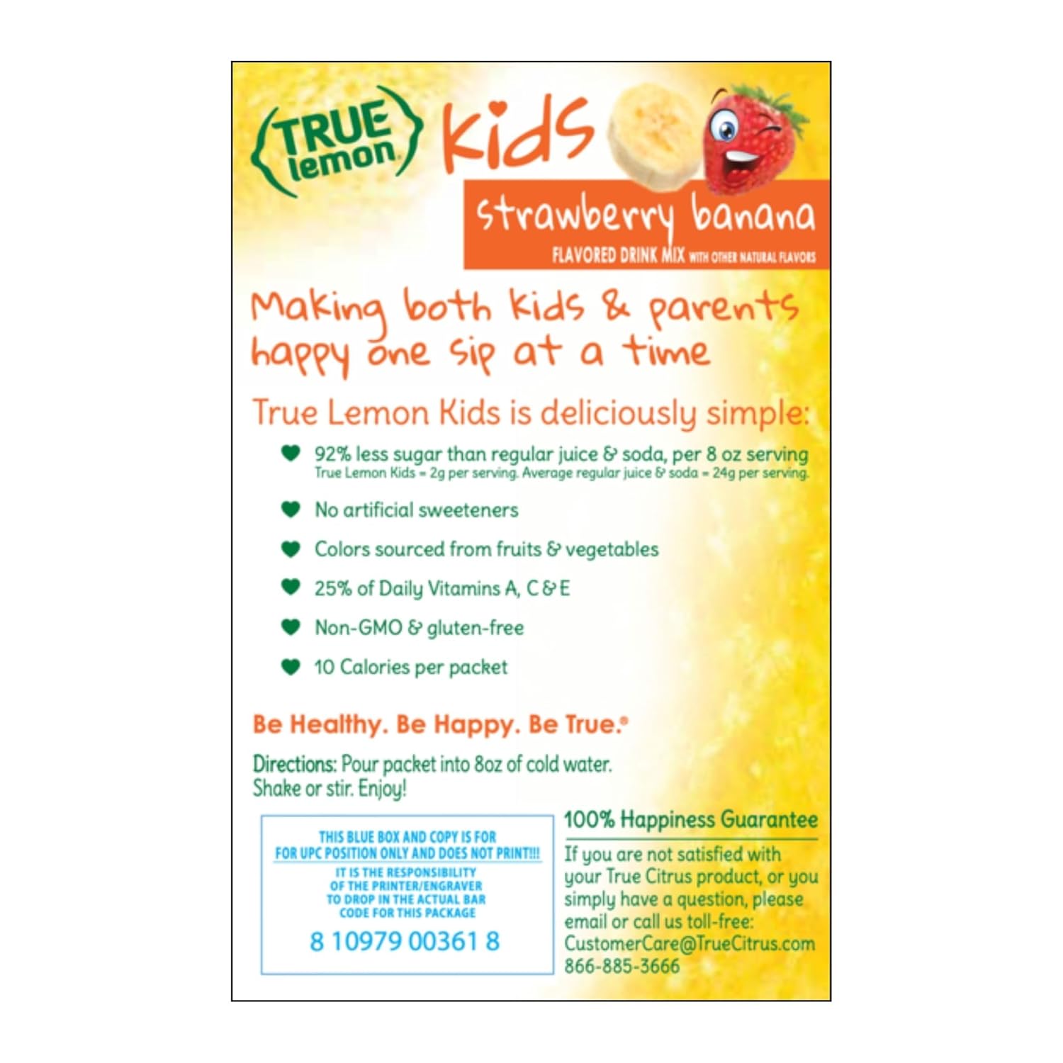 TRUE LEMON Strawberry Banana Kids Drink Mix (10 Packets) - No Preservatives or Artificial Flavors - Low Sugar Hydration Powder for Kids