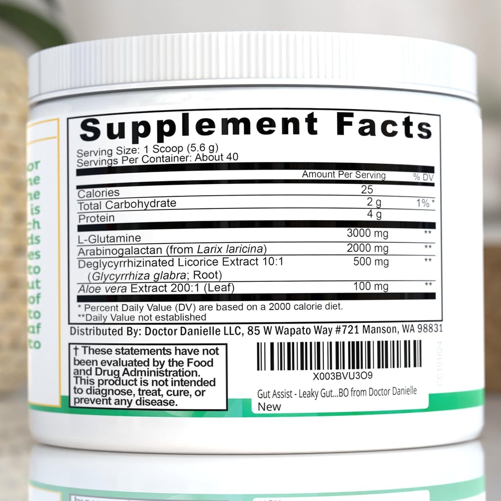 Doctor Danielle Gut Assist - Leaky Gut Repair Supplement Powder - Glutamine, Arabinogalactan, Licorice Root - Supports IBS, Heartburn, Bloating, Gas, Constipation, SIBO from
