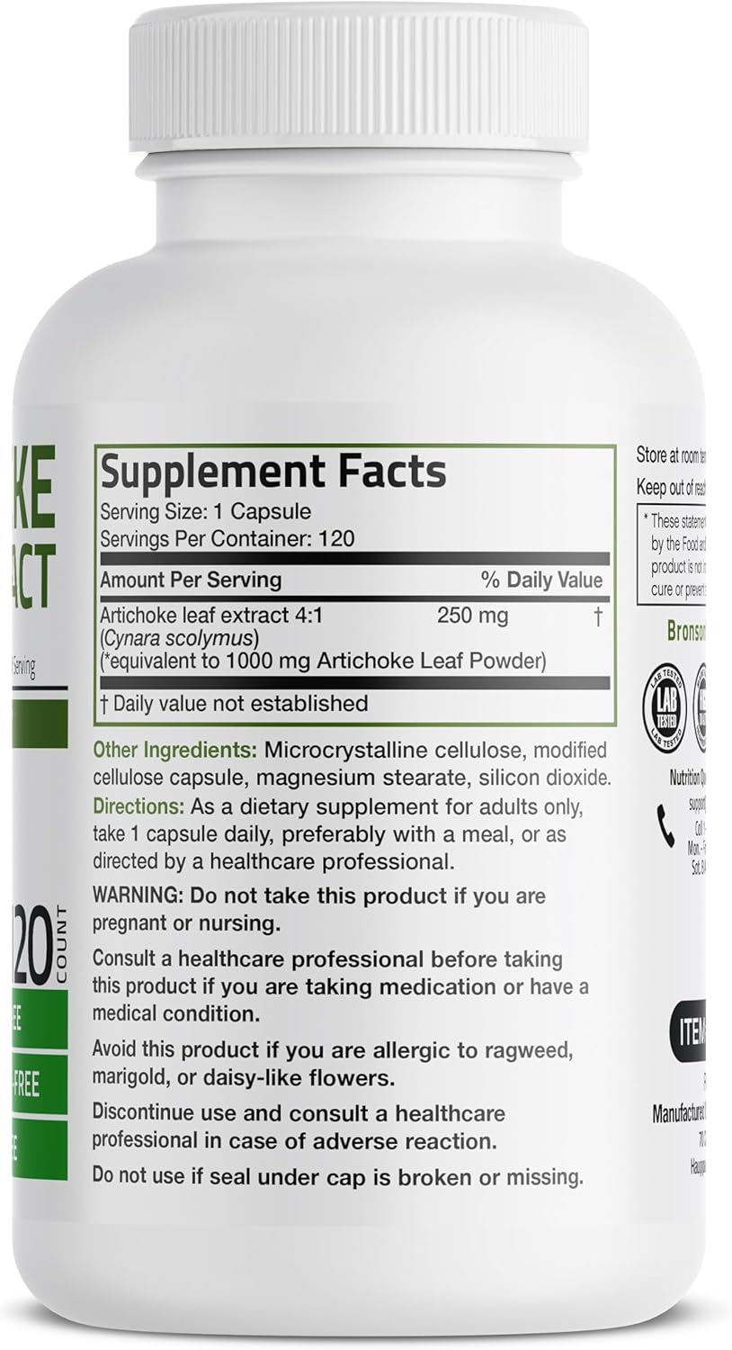 Bronson Artichoke Leaf Extract Extra Strength Supports Healthy Digestion Healthy Liver Function, Non-GMO, 120 Vegetarian Capsules