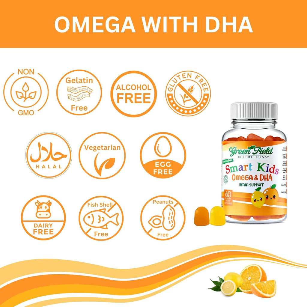 Greenfield Nutritions Smart Kids Halal Omega 3 Gummies with DHA - 60 Halal Vitamins for Kids, Supports Brain & Immune Health - Vegan, Non-GMO, Gluten, Gelatin-Free and Peanut-Free Halal Gummy Vitamins