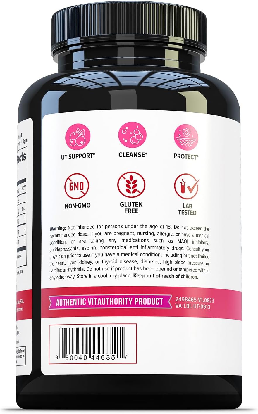 Vitauthority Fast Acting UTI Support Capsules- Cranberry Juice Powder for Utinary Tract Health and Preventitive Support- Enhanced Blend Promotes Urinary Health- 120 Vegetarian Capsules
