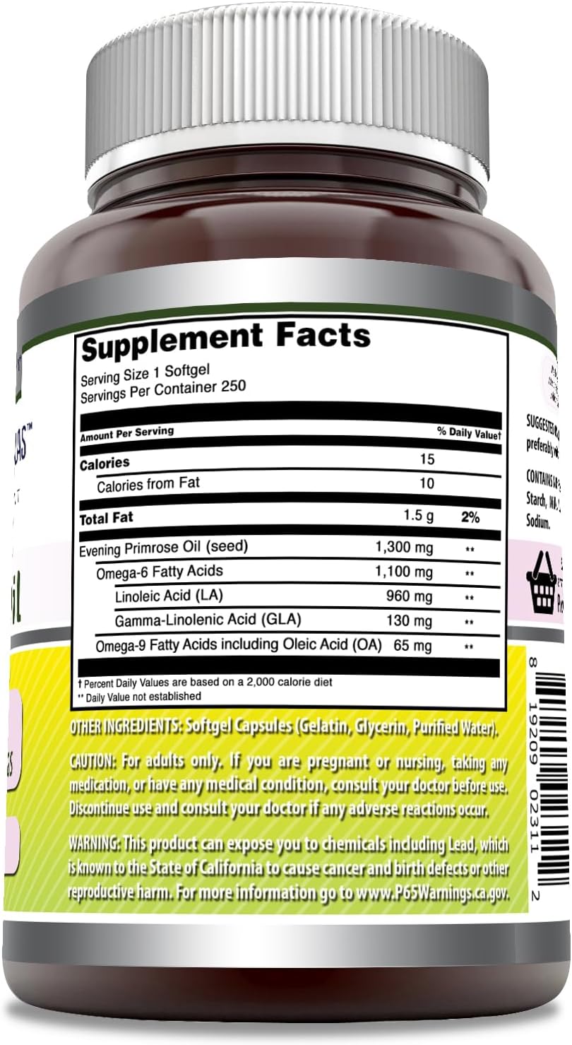 Amazing Formulas Evening Primrose Oil 1300mg, 10% GLA, Softgels Supplement | Hexane Free Cold Pressed Oil | Non-GMO | Gluten Free (250 Count)